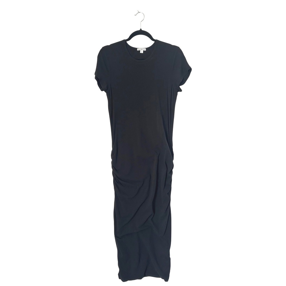 James Perse Ruched Midi Dress Womens 4 Black Short Sleeve Cotton Capsule Bodycon